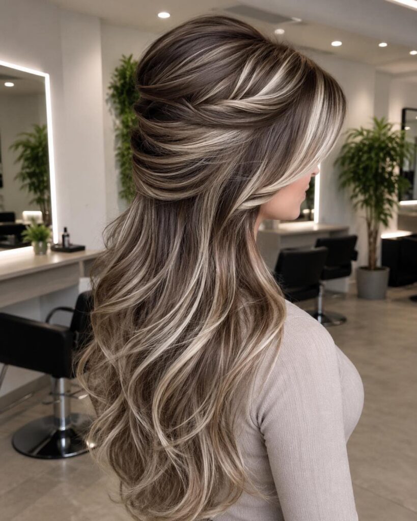 Long ash-blonde hair with dark roots styled in waves at a salon