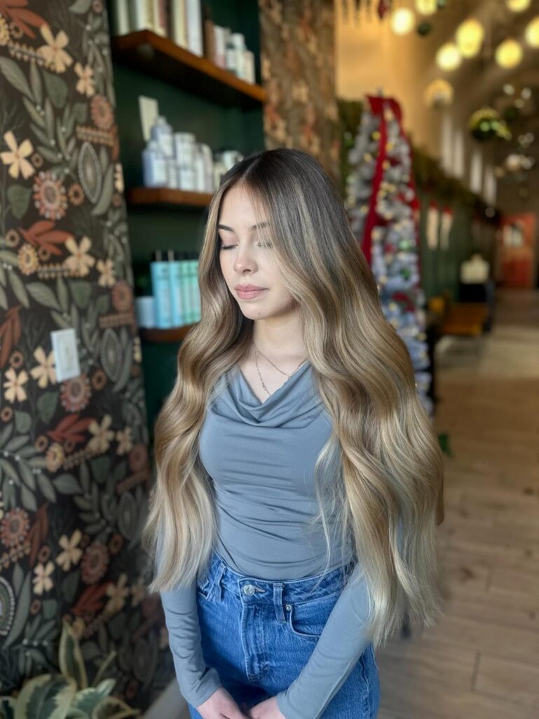 Woman with long, wavy beige blonde hair standing in a salon