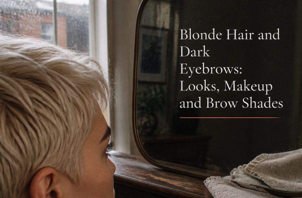Platinum blonde hair framing a face with full dark eyebrows