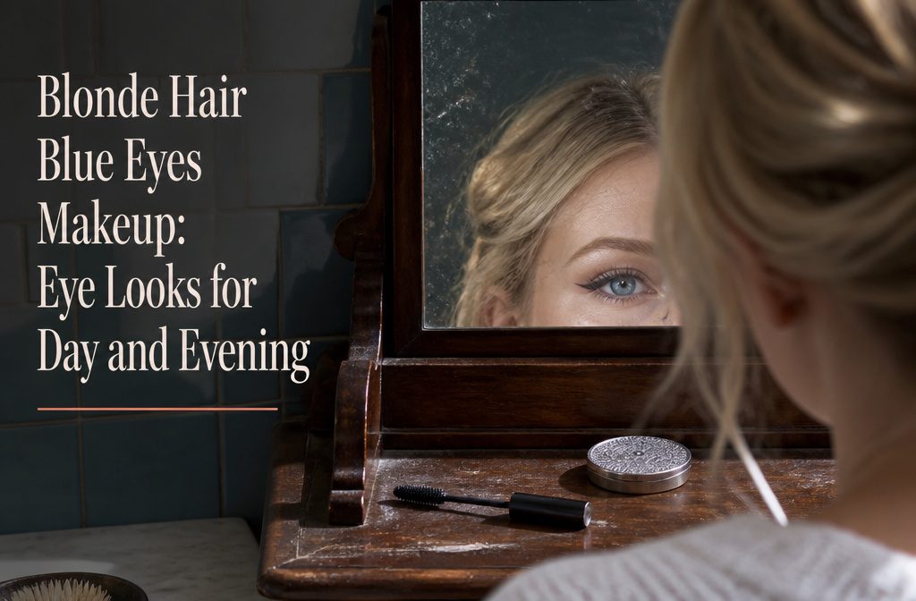 Blonde-haired person with blue eyes and lifted lashes at a bathroom vanity