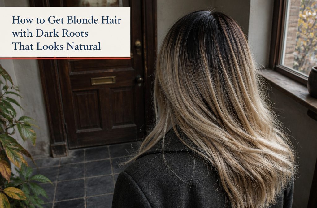 Blonde hair with dark roots and a soft transition into lighter lengths