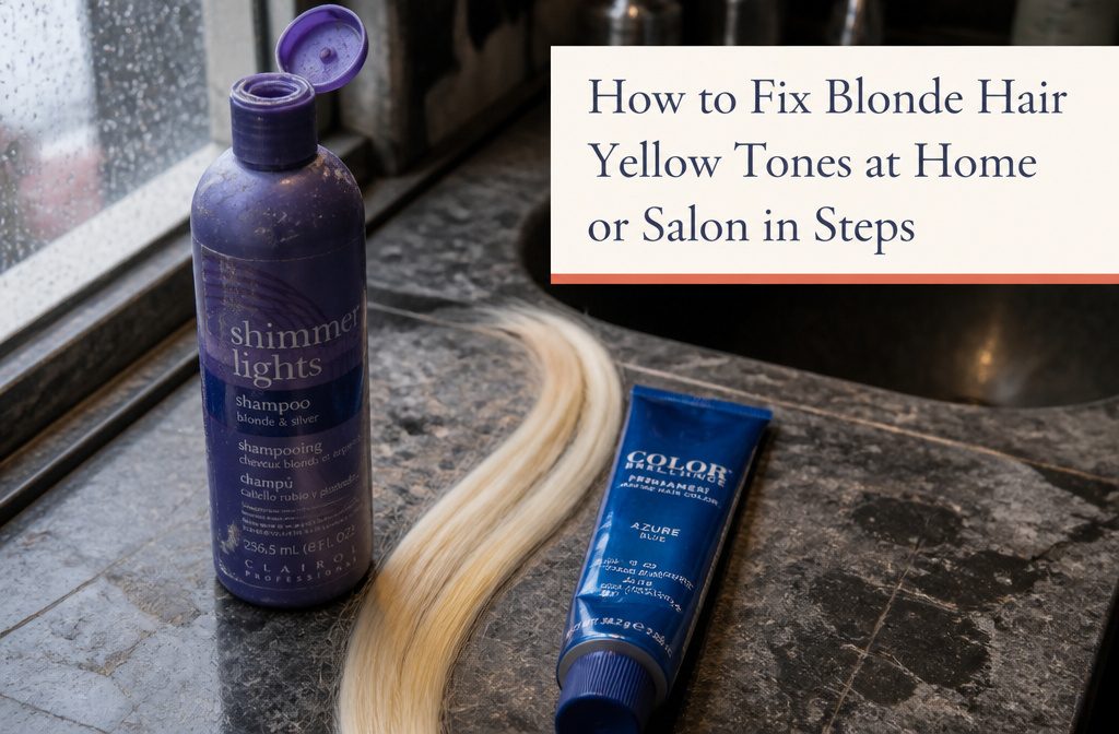 Lightened blonde hair with pale yellow ends and a yellow-orange band near the roots