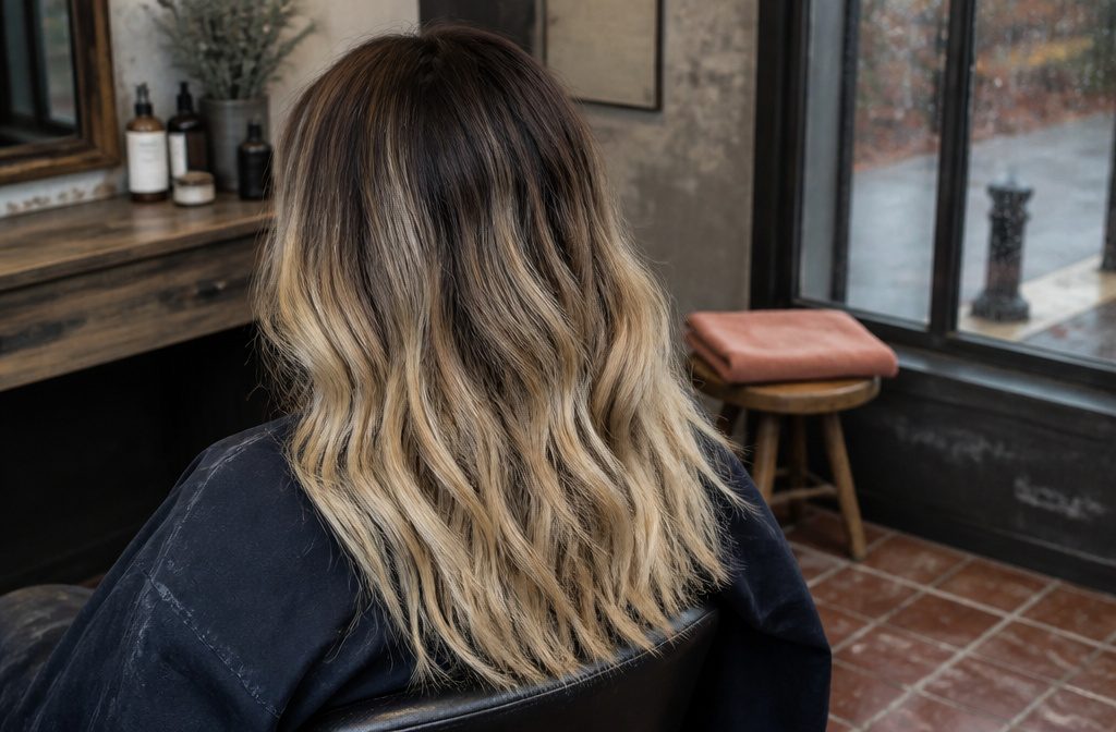 Coconut blonde hair with dark roots fading into light blonde ends
