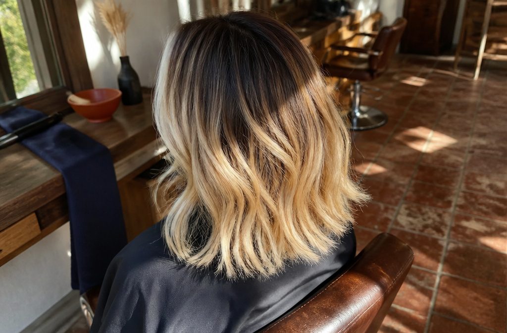 Long blonde hair with blended light and dark strands