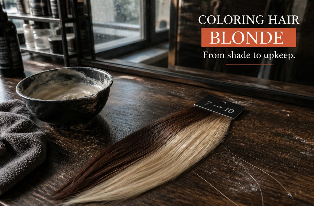Model with blonde hair showing a finished hair color