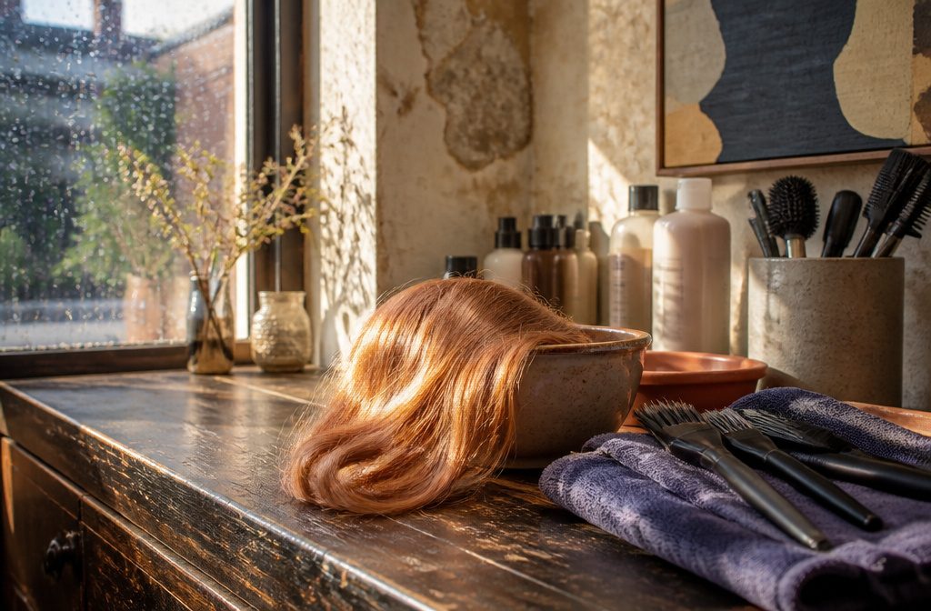 Copper strawberry blonde hair with warm red gold and peach tones