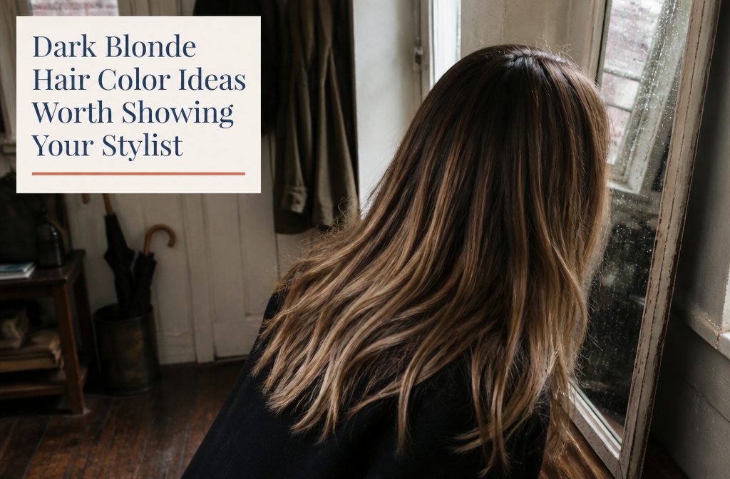 Dark blonde hair with brown roots and lighter sunlit strands through the lengths