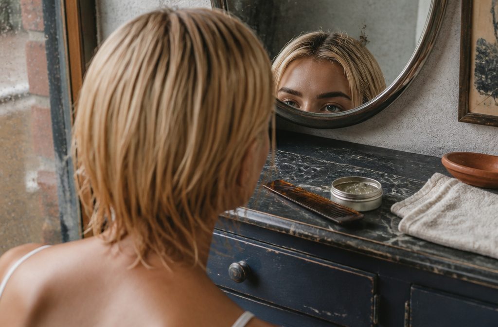 Blonde woman with dark brows and softly styled hair
