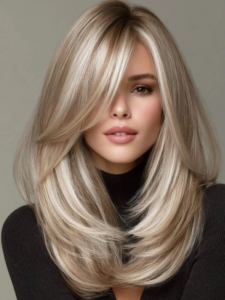 Woman showing layered blonde hair with platinum, beige, ash, and honey shades