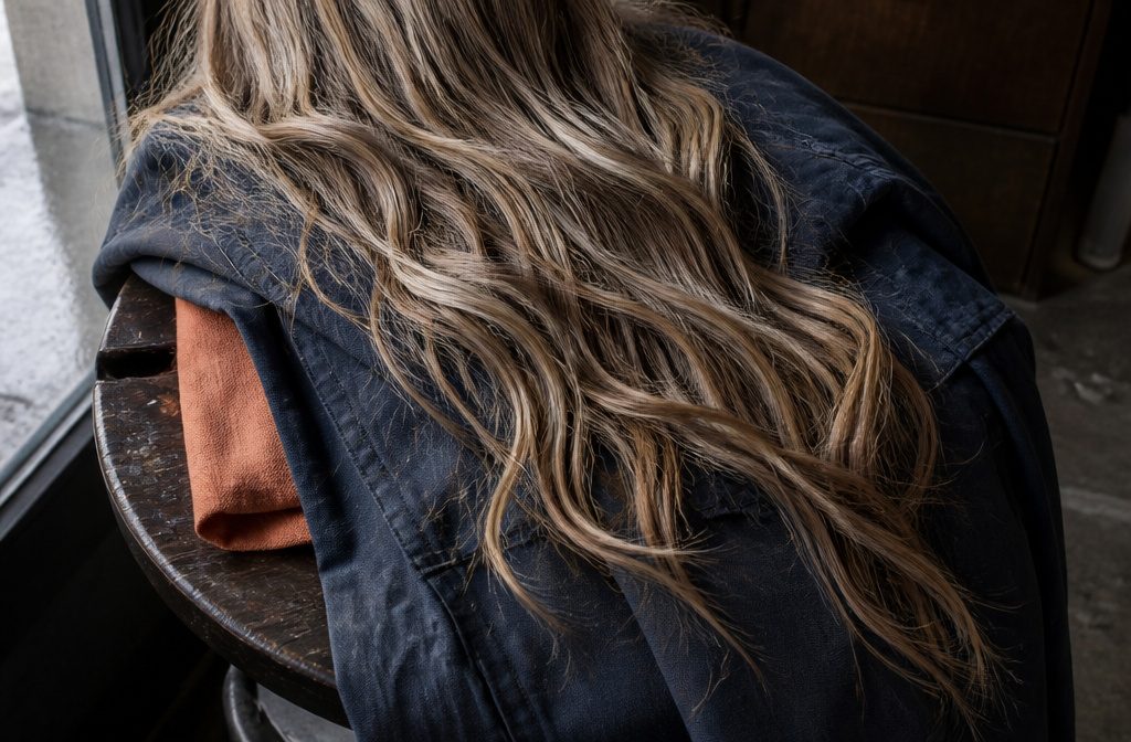 Dark blonde hair with light blonde strands against a neutral background
