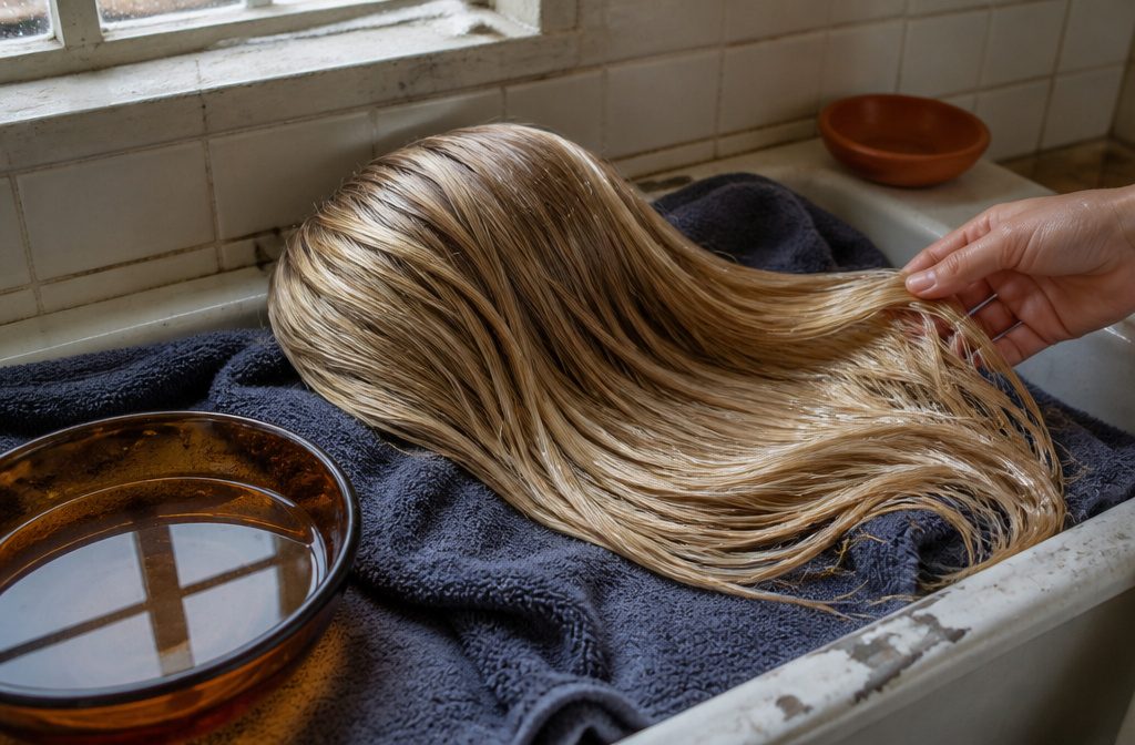 Blonde hair with a smooth glossy finish catching the light