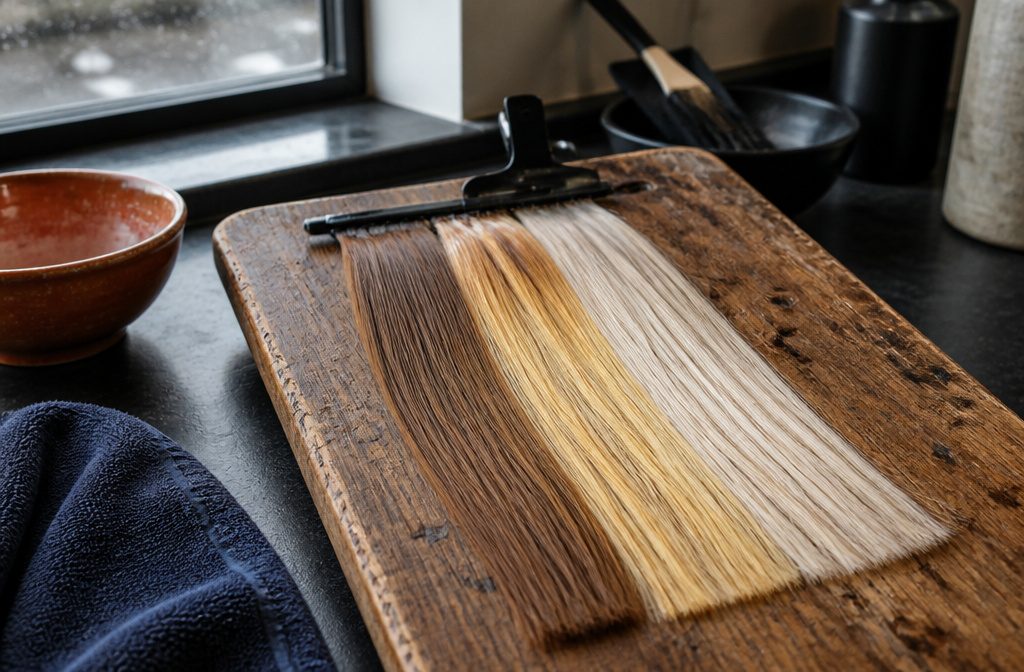 Blonde hair illustrating a change from a medium shade to a pale shade