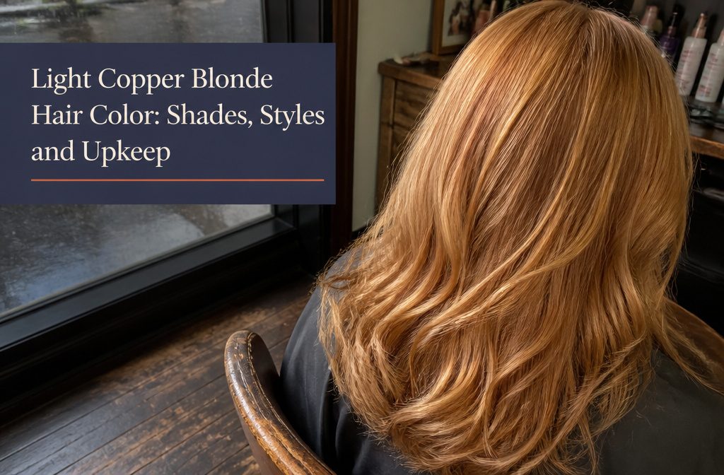 Light copper blonde hair in soft waves with warm copper and golden blonde lengths