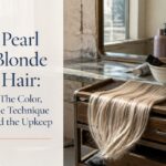 Long blonde hair in loose waves with creamy beige and cool silver strands