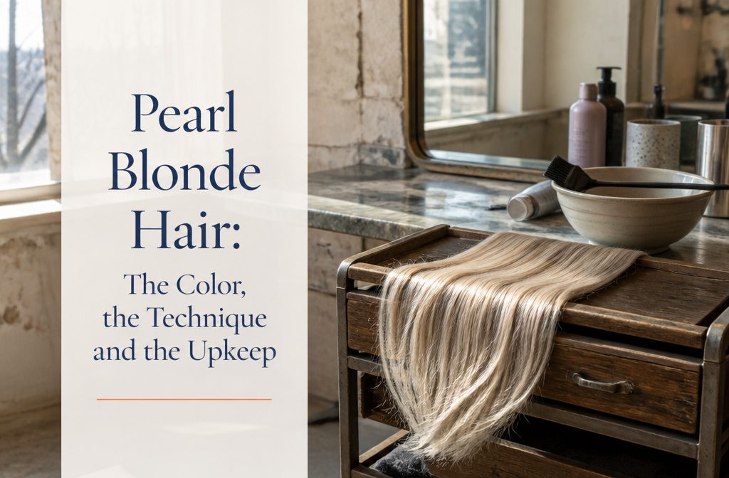 Long blonde hair in loose waves with creamy beige and cool silver strands