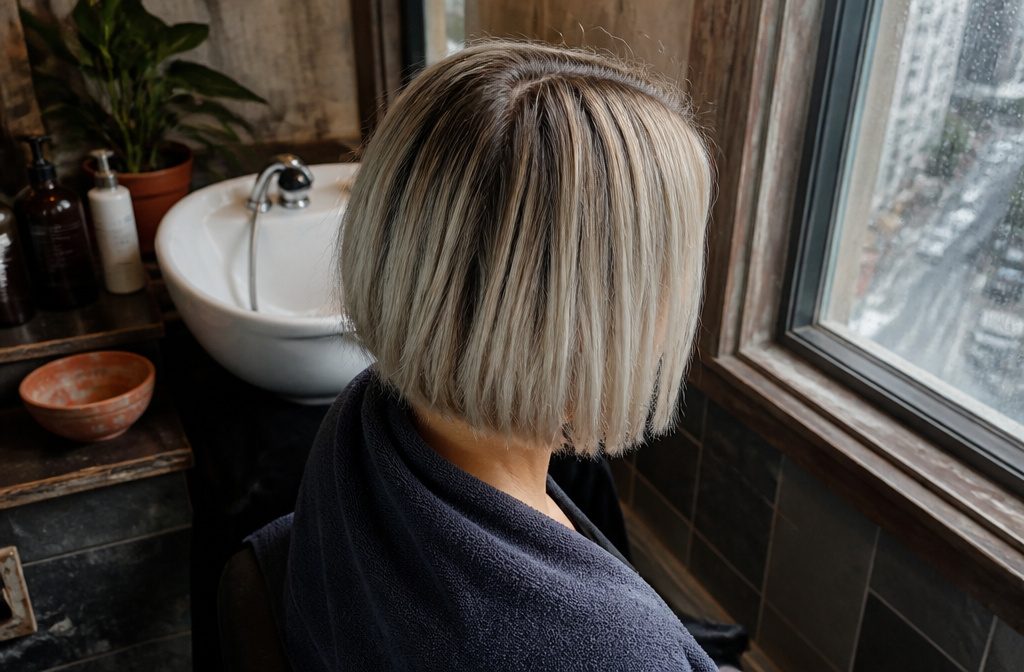 Platinum blonde hair styles with dark roots in varied cuts and tones