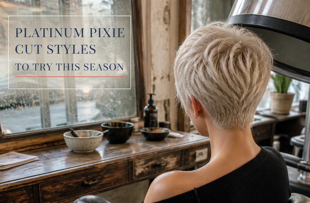 Platinum pixie haircut with closely cropped sides and a pale blonde top