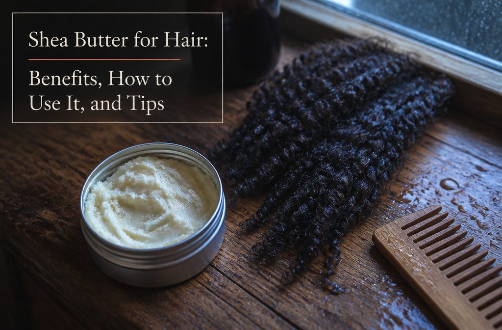 Shea butter being warmed between hands beside a section of textured hair