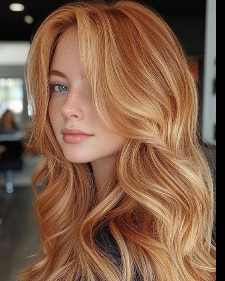 Woman with long wavy strawberry blonde hair and golden highlights