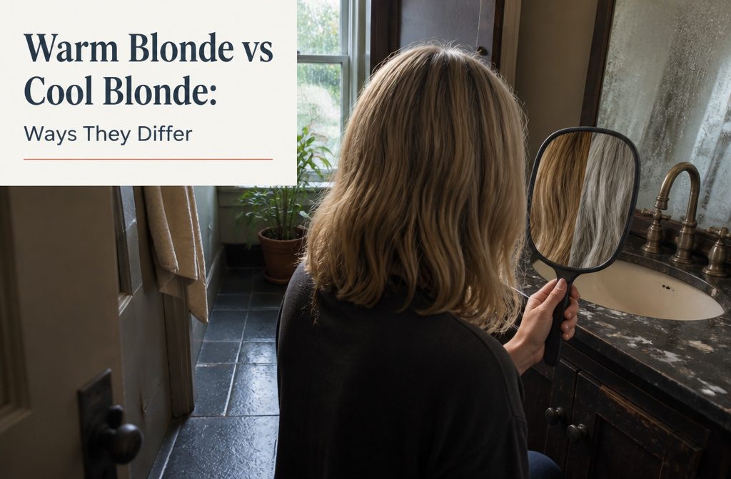 Warm golden blonde and cool icy blonde hair shown side by side